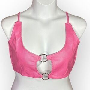 PrettyLittleThing Pink Coated Denim‎ Ring Detail Bralette 12 Halter Neck NWT PLT
